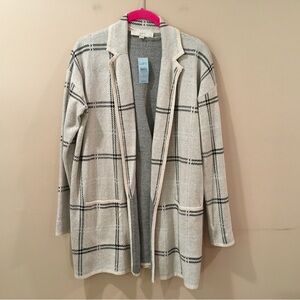 LOFT Sweater Open Cardigan Knit Top Plaid Cream Black Women M Petite New 760265
